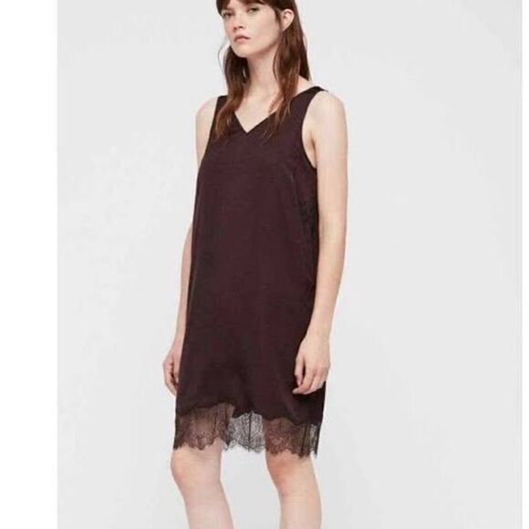 ALLSAINTS Eloise Sleeveless V neck Burgundy chocolate Lace Trim Slip Dress Small - Picture 1 of 11